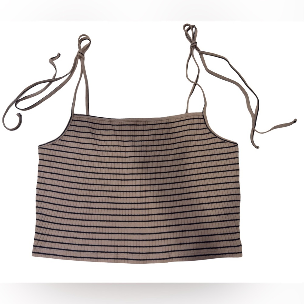 NWOT Volcom Tan and Black Striped Cotton Camisole Top with Tie Straps, Size M/12
